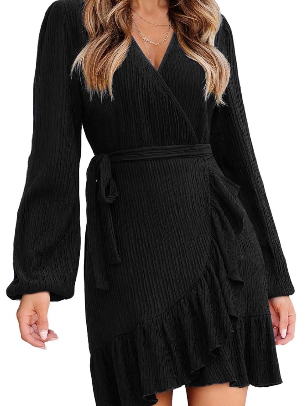 Cupshe Black Long Sleeve Wrap Ruffle Mini Dress